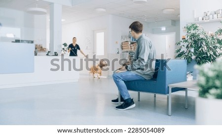 Female Veterinarian Brings a Pet Golden Retriever Back to the Owner. A Young Man Waiting for His Pet in the Veterinary Clinic Waiting Room. Dog is Wearing an E-Collar and is Happy to See the Owner Royalty-Free Stock Photo #2285054089
