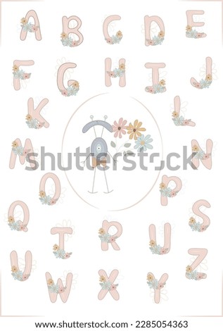 Hand drawn Vector Flowers Alphabet clip art, ABC Poster, Kids Educational illustration with cute monster, Nursery Wall art, Beige Letters Print, School Children Font 