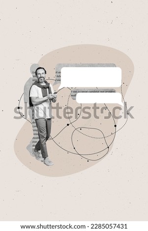 Vertical collage picture of positive black white colors man use smart phone walking empty space message bubble