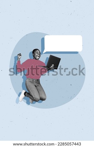 Vertical collage picture of excited black white effect girl jump raise fists use netbook empty space dialogue bubble isolated on painted background