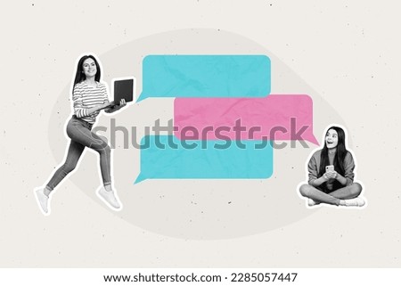 Poster banner creative picture collage of two people friends have social network correspondence using smart netbook gadget