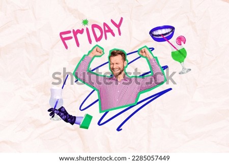 3d retro abstract creative artwork template collage of lucky guy rising fists having friday relax isolated painting background
