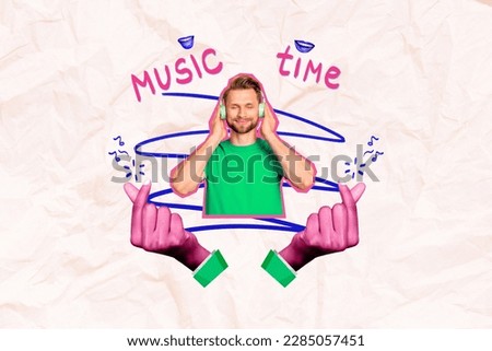 Photo collage artwork minimal picture of dreamy smiling guy enjoying music headphones isolated drawing background