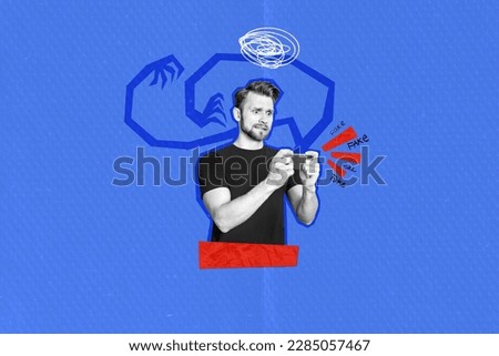 Creative retro 3d magazine collage image of scared guy watching fake news modern device isolated painting background