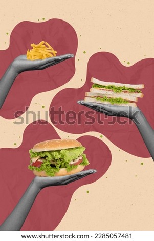 Poster banner ads collage of people hand holding demonstrate american bistro yummy menu with french fries burger