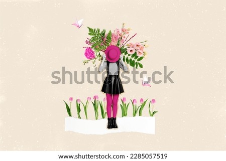 Collage portrait of girl hold hat cover close face fresh spring flowers flying paper origami birds isolated on creative background