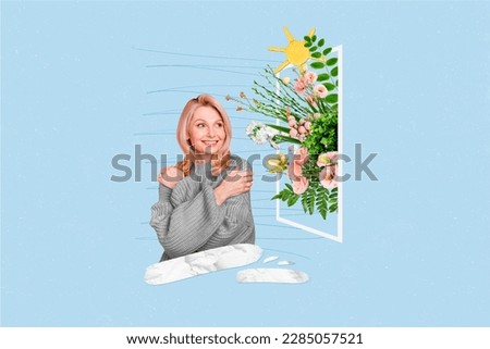 Creative collage picture of cheerful lovely lady hands hug shoulders fresh spring flowers window isolated on blue background