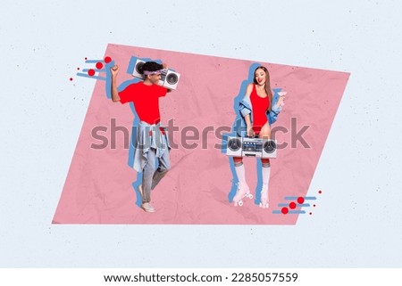 Creative image template collage of two people buddies lady guy listen songs on boom box dance celebrate festive event party