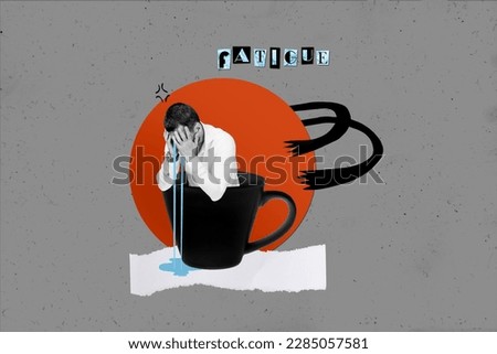 Photo collage artwork minimal picture of crying depressed guy sitting inside coffee cup isolated drawing background