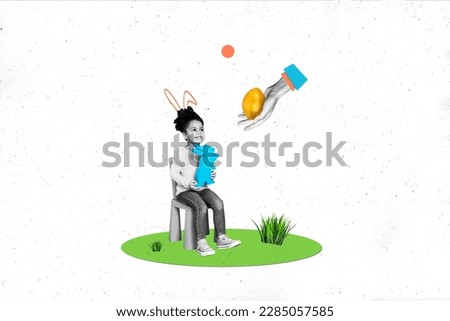 Photo artwork minimal collage picture of smiling little child getting easter presents isolated drawing background