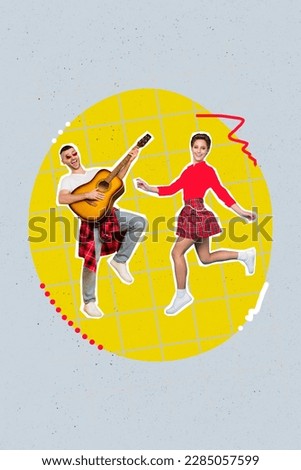 Vertical collage picture of two overjoyed people play guitar dancing isolated on drawing creative background