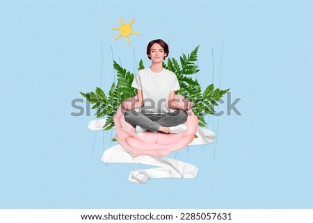 Creative 3d photo collage illustration of peaceful cheerful relaxed girl sitting meditating on flower isolated on drawing background Royalty-Free Stock Photo #2285057631