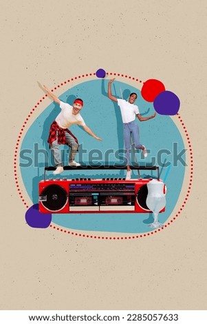 Vertical collage picture of two overjoyed positive mini people stand big boombox dancing alcohol cocktail glass isolated on painted background