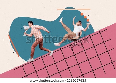 Composite collage picture of two carefree positive guys run ride chair hill hold alcohol cocktail glass isolated on drawing background