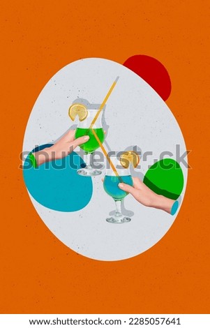Vertical collage picture of two arms hold alcohol cocktail glass clink isolated on painted orange background