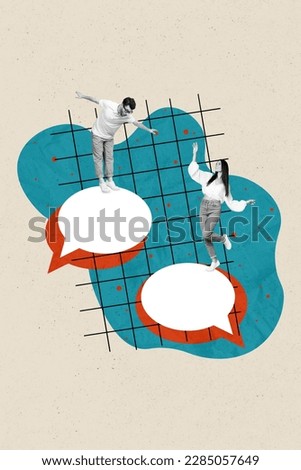 Vertical collage picture of two mini black white gamma people stand dance balancing empty space dialogue bubble isolated on creative background