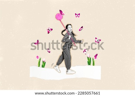 Creative collage picture of cheerful black white colors girl hold net catch butterfly walking fresh flowers isolated on beige background