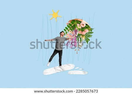 Creative collage portrait of mini excited guy hand hold floral spring umbrella melting snow sun isolated on blue background