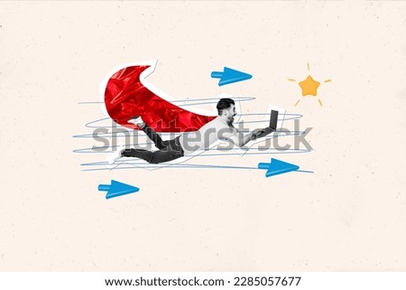 Creative photo collage illustration of excited impressed guy typing on laptop flying fast internet speed isolated on drawing background