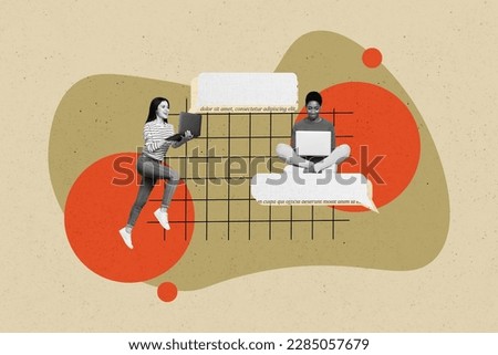 Creative collage picture of two black white effect people use netbook chatting empty space dialogue bubble isolated on painted background