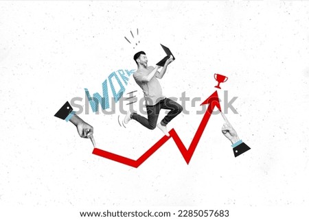 Creative photo collage illustration of positive cheerful crazy man holding laptop running distance work isolated on painting background Royalty-Free Stock Photo #2285057683