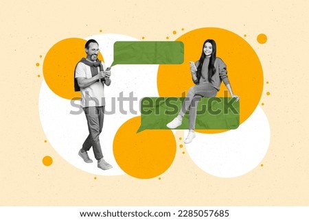 Abstract collage picture of two black white colors people use smart phone write message dialogue bubble isolated on creative background