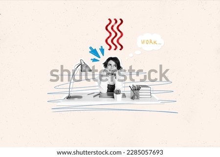 Creative photo collage template artwork of sad unhappy bored woman sitting by table searching for job isolated on drawing background