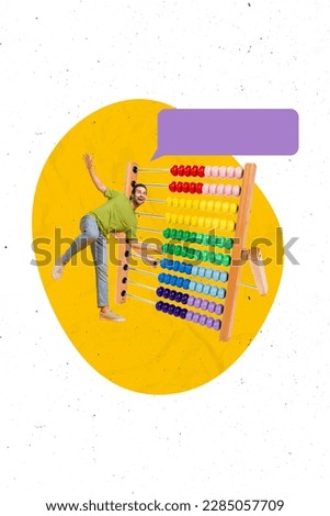 Vertical collage picture of mini excited guy big abacus bead calculator empty space dialogue bubble isolated on white creative background