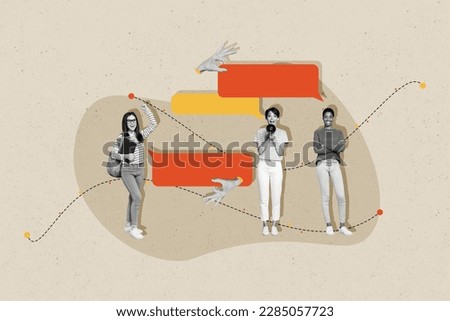 Creative photo sketch template collage of positive people students chatting talking announcing shopping isolated on painting background