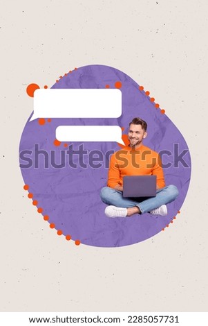 Creative image template collage of young businessman guy using netbook writing blog comments post chatting with friends