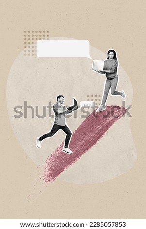 Vertical photo collage illustration of busy people guy girl working on project together on meeting conference isolated drawing background