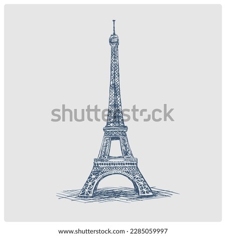 Eiffel Tower in Paris sketch obsolete blue style vector illustration. Old hand drawn azure engraving imitation.