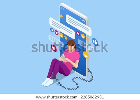 Isometric Social Media Addiction, Influence, Popularity, Modern Lifestyle, and Ad Concept. Women with smartphone devices. A depressed and sad woman chained and shackled to a big mobile smartphone. Royalty-Free Stock Photo #2285062931