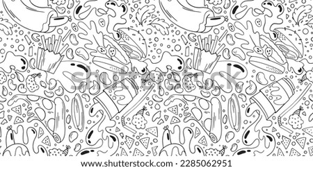 Black and white pattern with food floating in vacuum, fast food doodle with burgers, soda, hot dogs