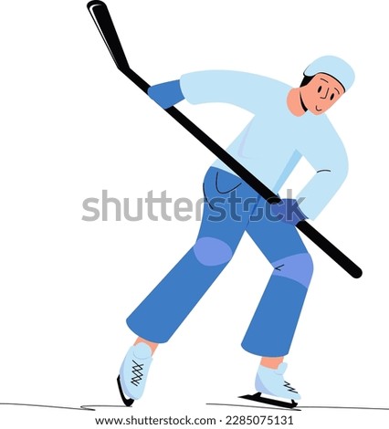 Vector image, a guy in a blue-green sweater and blue pants plays hockey