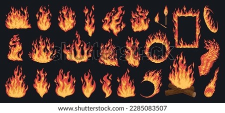 Fire torch colorful set emblems for design with flame elements or sparks and bonfire in flat style vector illustration