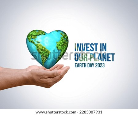 Earth day concept - Invest in our planet. 3d eco friendly design. Earth map shapes with trees water and shadow. Save the Earth concept. Happy Earth Day, 22 April.