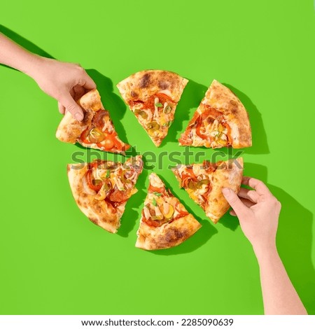American pizza with salami, pepperoni, and jalapeno on a bright green background, featuring hard shadows and minimalist style. Two hands grabbing slices. Perfect for a pizza party or casual meal.
