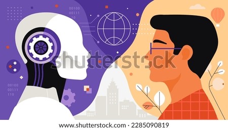 Artificial Intelligence VS Human. Vector illustration in a flat style of the robot and a human heads placed opposite each other on a contrasting background with technical and natural elements Royalty-Free Stock Photo #2285090819