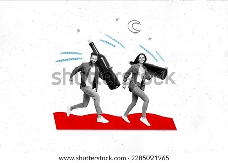 Photo collage artwork minimal picture of happy smiling couple holding big wine bottles isolated drawing background