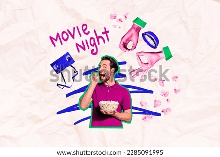 Photo collage artwork minimal picture of funny excited guy eating pop corn exciting movie night isolated drawing background