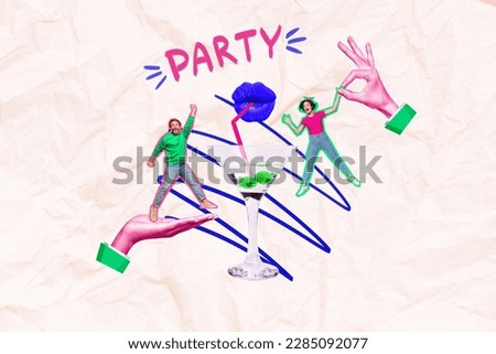 Photo cartoon comics sketch collage picture of funny funky couple having fun friday party isolated drawing background