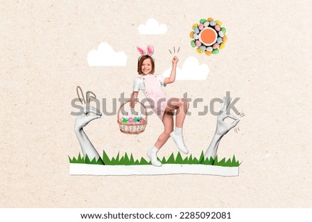 Creative collage picture of excited small girl hold easter egg basket raise fist big arms finegrs make show bunny gesture