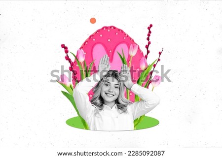 Artwork magazine collage picture of funny smiling lady celebrating easter isolated drawing background