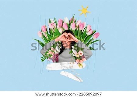 Composite collage picture of mini positive girl hands showing heart gesture eye watch big fresh tulip flowers sun isolated on blue background