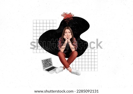Composite collage portrait of clueless girl messy brain mind use netbook social media addiction isolated on white drawing background