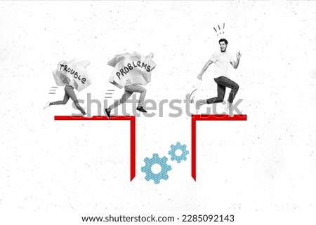Photo collage artwork minimal picture of excited guy running away from problems troubles isolated drawing background