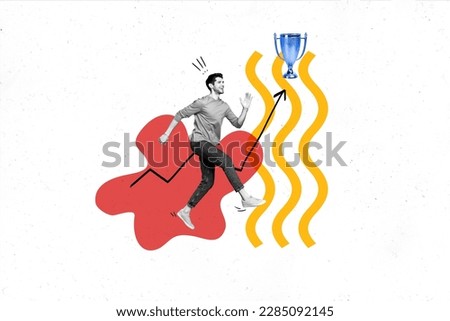 Photo collage artwork minimal picture of purposeful guy running winning prize isolated drawing background