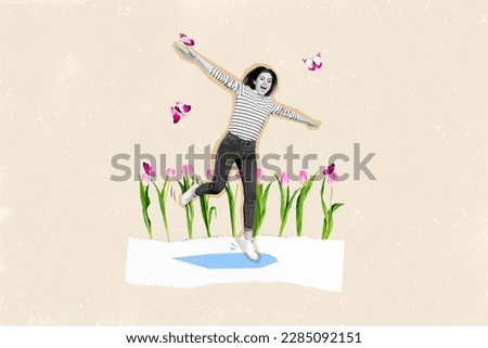 Photo cartoon comics sketch collage picture of funky smiling lady having fun enjoying spring weather isolated drawing background