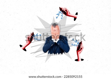 Collage artwork graphics picture of burnout guy tired of many incoming calls isolated painting background Royalty-Free Stock Photo #2285092155